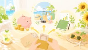 夏のボーナスを貯金・楽しみ・備えに振り分けるイメージ