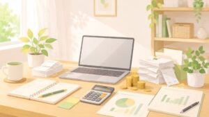 在宅で副業の確定申告・経理をするデスクのイラスト