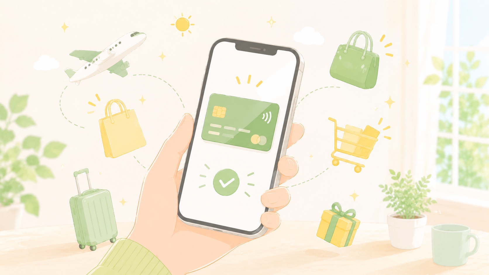 スマートフォンでクレジットカードをアプリ利用するイラスト