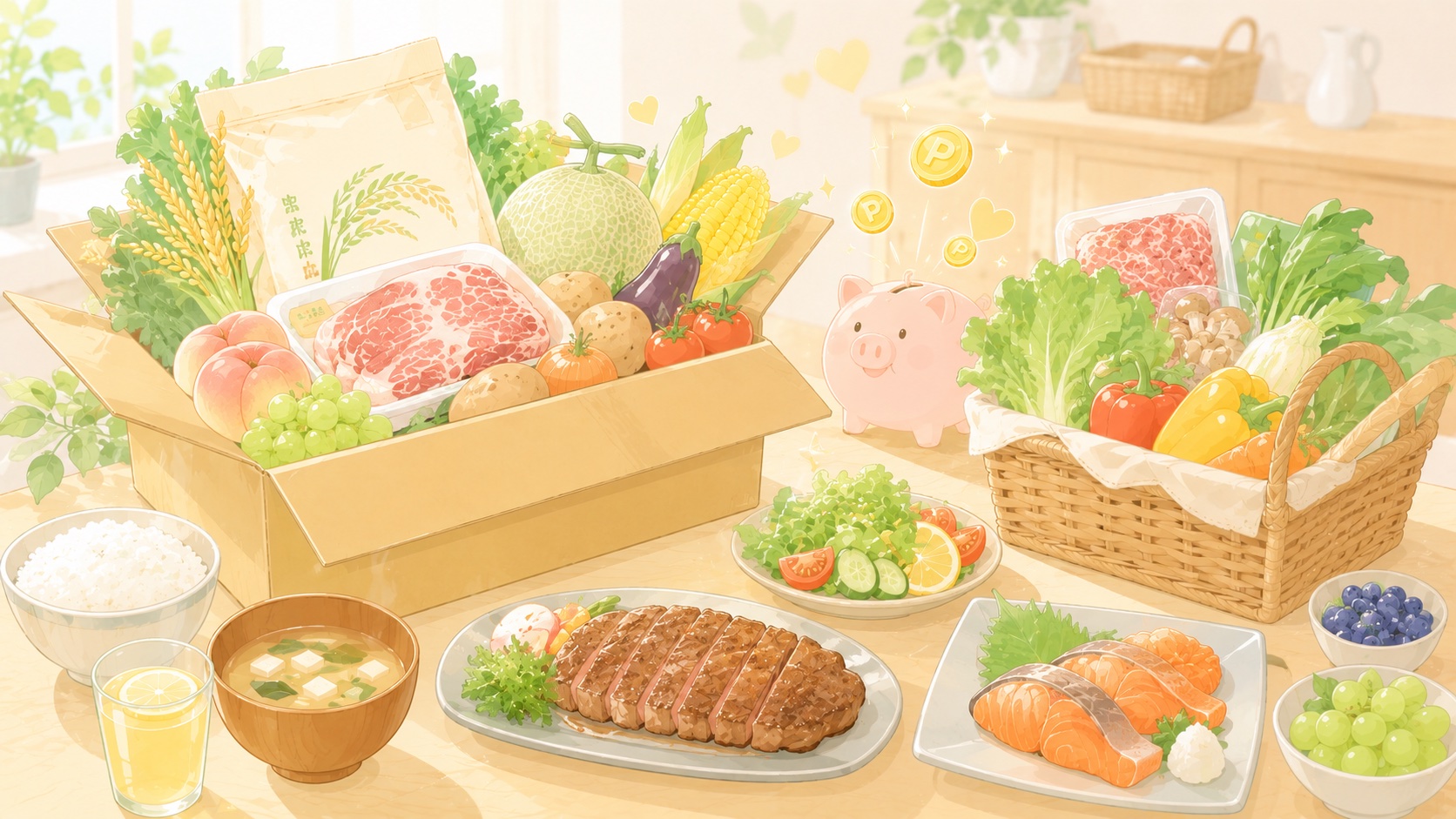 ふるさと納税の箱から届いたお米やお肉などの食材と食卓のイラスト
