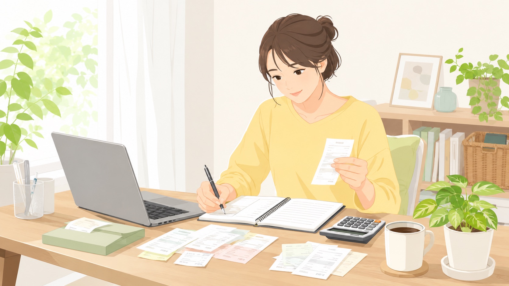 自宅デスクで経費を整理する個人事業主のイラスト