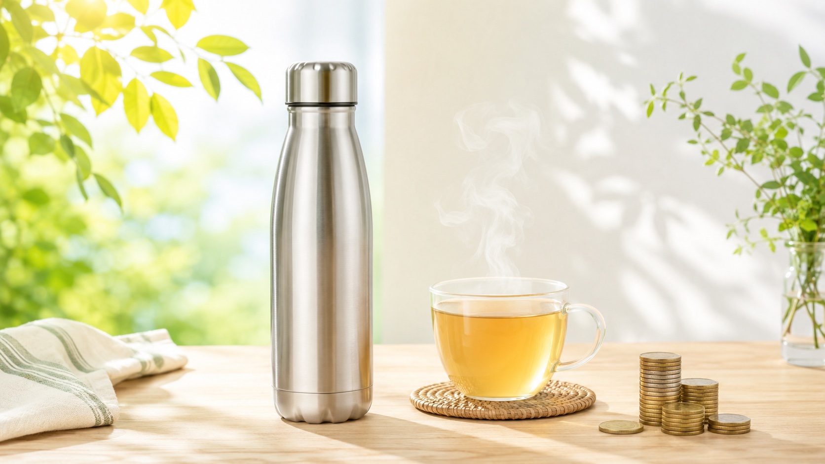 マイボトルとお茶とコイン。飲み物代の節約イメージ