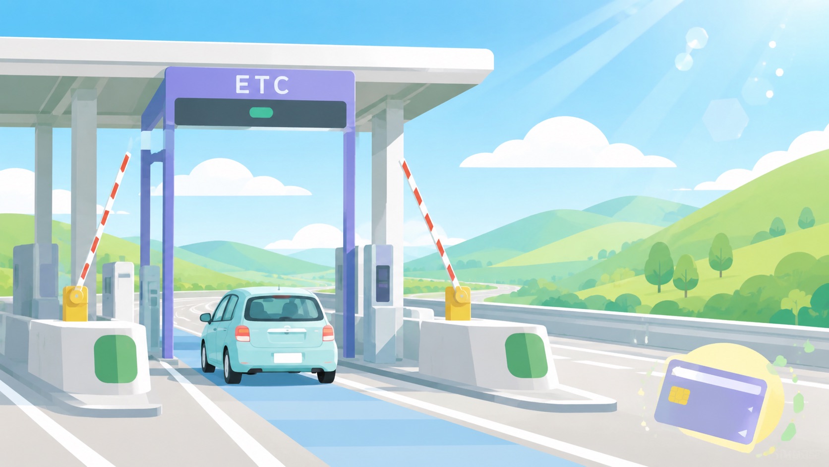 高速道路のETCレーンを車が通過するイラスト