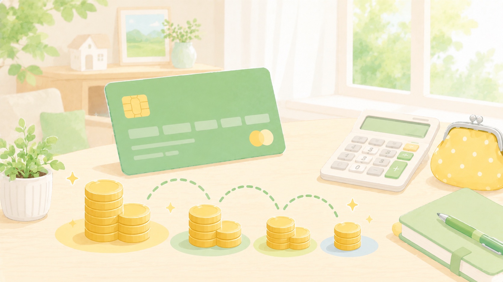 クレジットカードと分割払いを表すコインの山