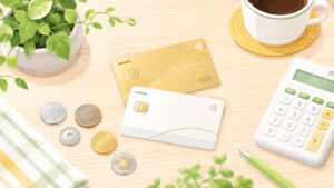 机の上のクレジットカード2枚とコイン・電卓のイラスト