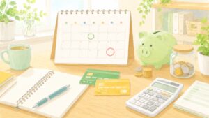 クレジットカードとカレンダー・電卓・貯金箱のイラスト