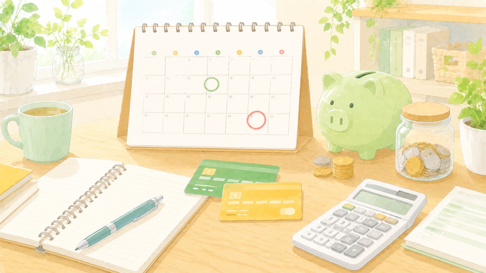 クレジットカードとカレンダー・電卓・貯金箱のイラスト