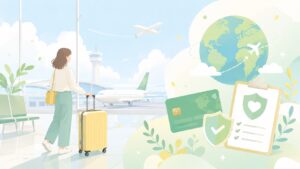 空港でスーツケースを持つ人とクレジットカード・旅行保険のイラスト