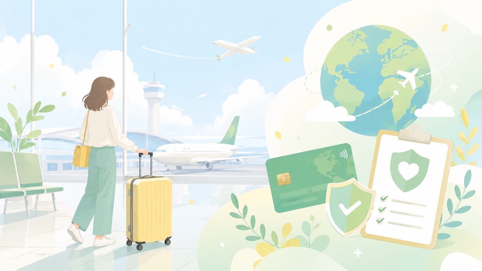 空港でスーツケースを持つ人とクレジットカード・旅行保険のイラスト