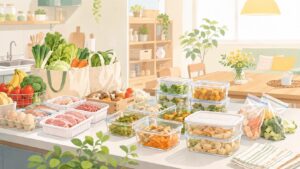 食材のまとめ買いと作り置き・保存容器のイラスト