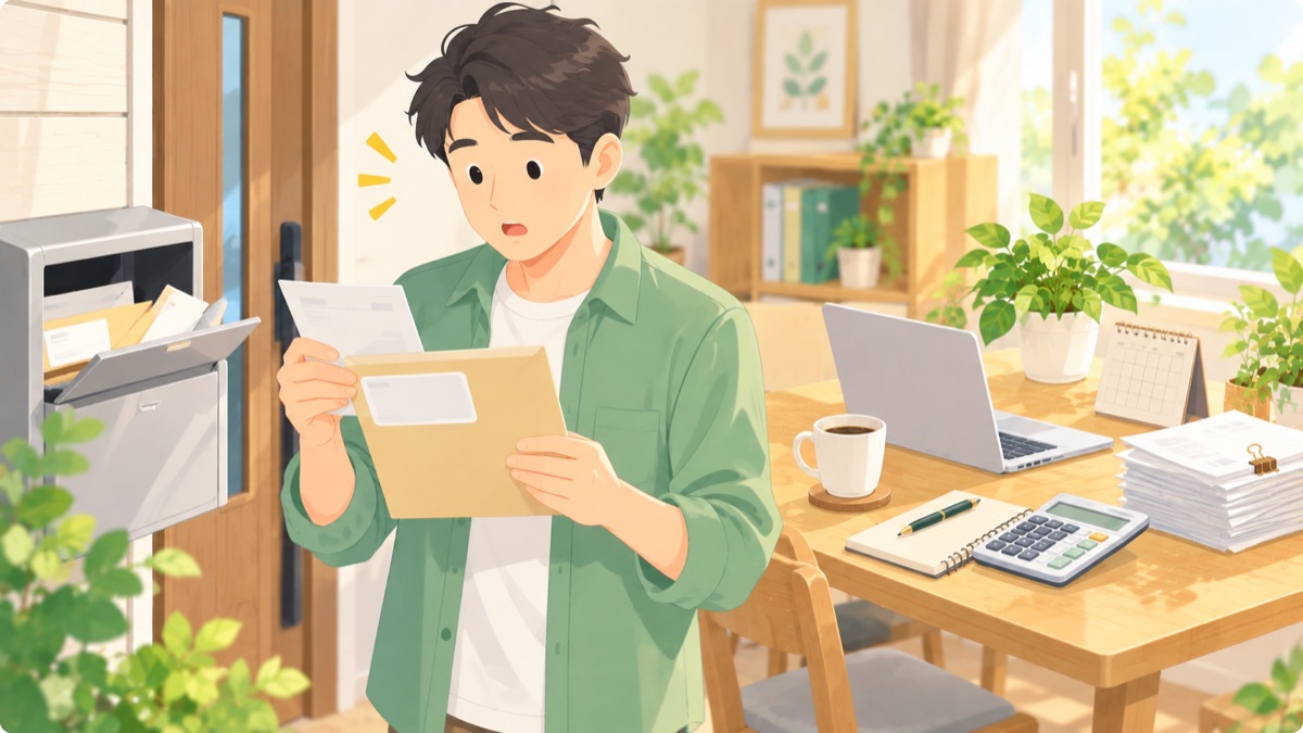 郵便受けから届いた個人事業税の納税通知書の封筒を手に持つ個人事業主のイラスト
