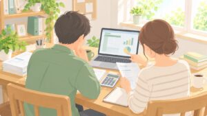 自宅の事務スペースで夫婦が並んで事業の書類とパソコンを確認しているイラスト