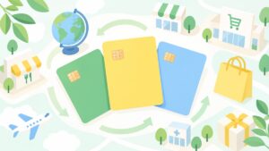 クレジットカード3枚と地球儀・お店のイラスト