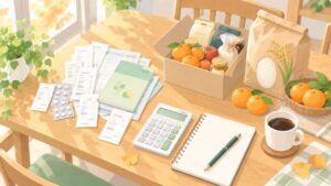 医療費の領収書とふるさと納税の返礼品が並ぶダイニングテーブル