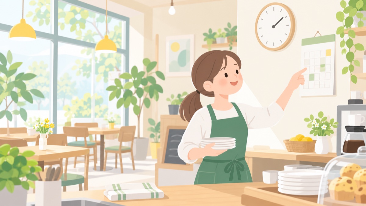 カフェでエプロン姿の女性が時計とカレンダーを見ながら働くイラスト