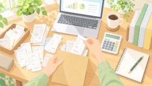 開業前のレシートを封筒にまとめる机の上