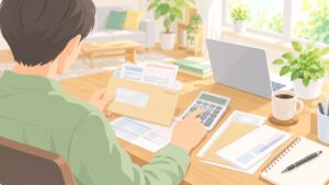 納付書の封筒と電卓を見ながら家計を見直す個人事業主のイラスト