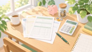 年末調整の書類と電卓、貯金箱が並んだ明るい机のイラスト