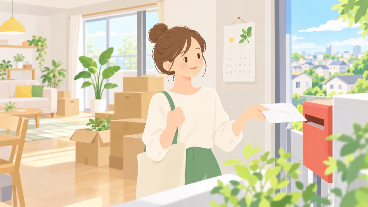 引っ越したばかりの部屋で書類をポストに出す女性のイラスト
