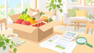 ふるさと納税の返礼品と電卓・書類のイラスト