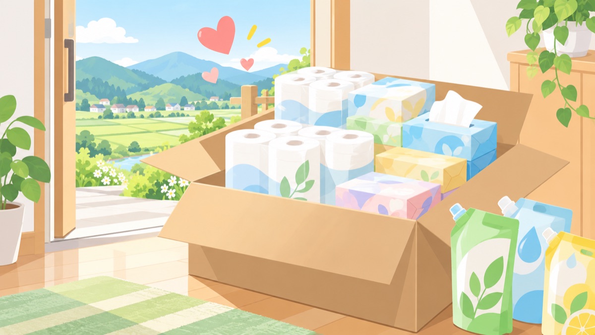 ふるさと納税で届いたトイレットペーパーや日用品の段ボール
