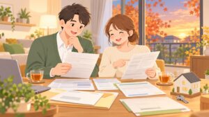 住宅ローン控除の年末調整書類を確認する夫婦のイラスト