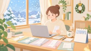 年末に帳簿を整理する個人事業主のイラスト