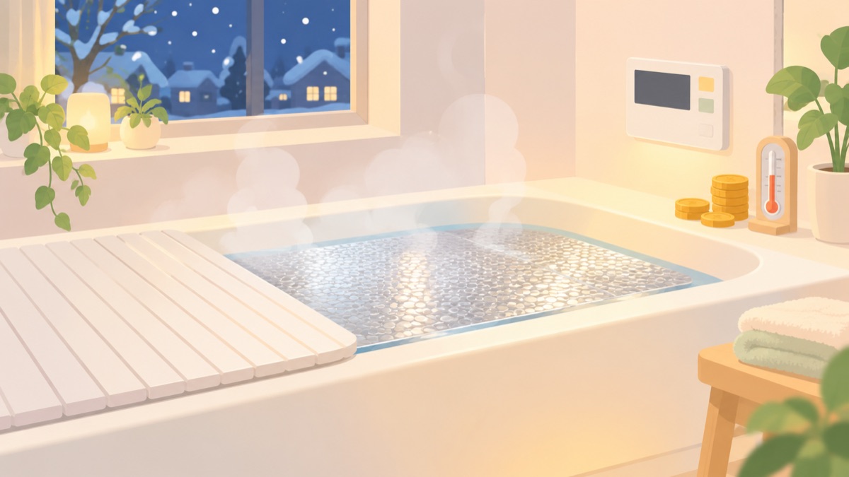湯気の立つお風呂と保温シートのイラスト