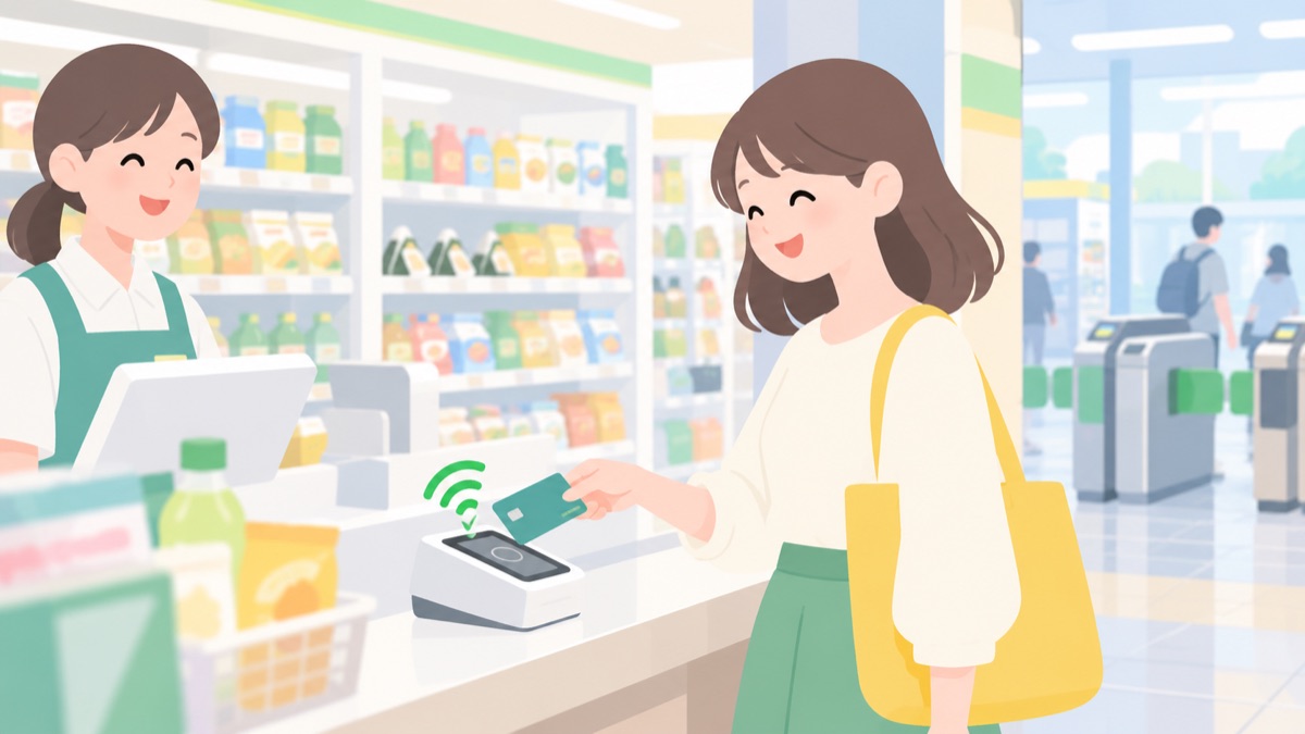 コンビニのレジでクレジットカードをかざして支払う女性のイラスト