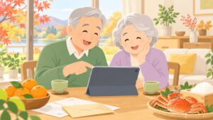 タブレットでふるさと納税の返礼品を選ぶシニア夫婦のイラスト