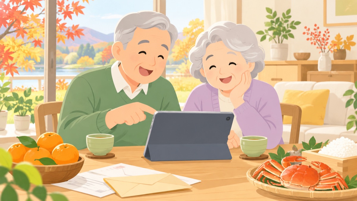 タブレットでふるさと納税の返礼品を選ぶシニア夫婦のイラスト
