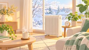 窓際のオイルヒーターで暖まる冬のリビングのイラスト