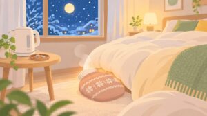 冬の夜の寝室で布団の足元に置かれた湯たんぽのイラスト